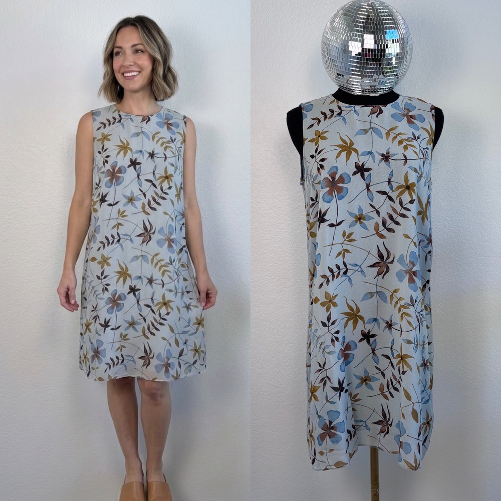 Neiman Marcus 100% Silk Floral Sleeveless Shift Dress Large Blue Vintage 90s‎